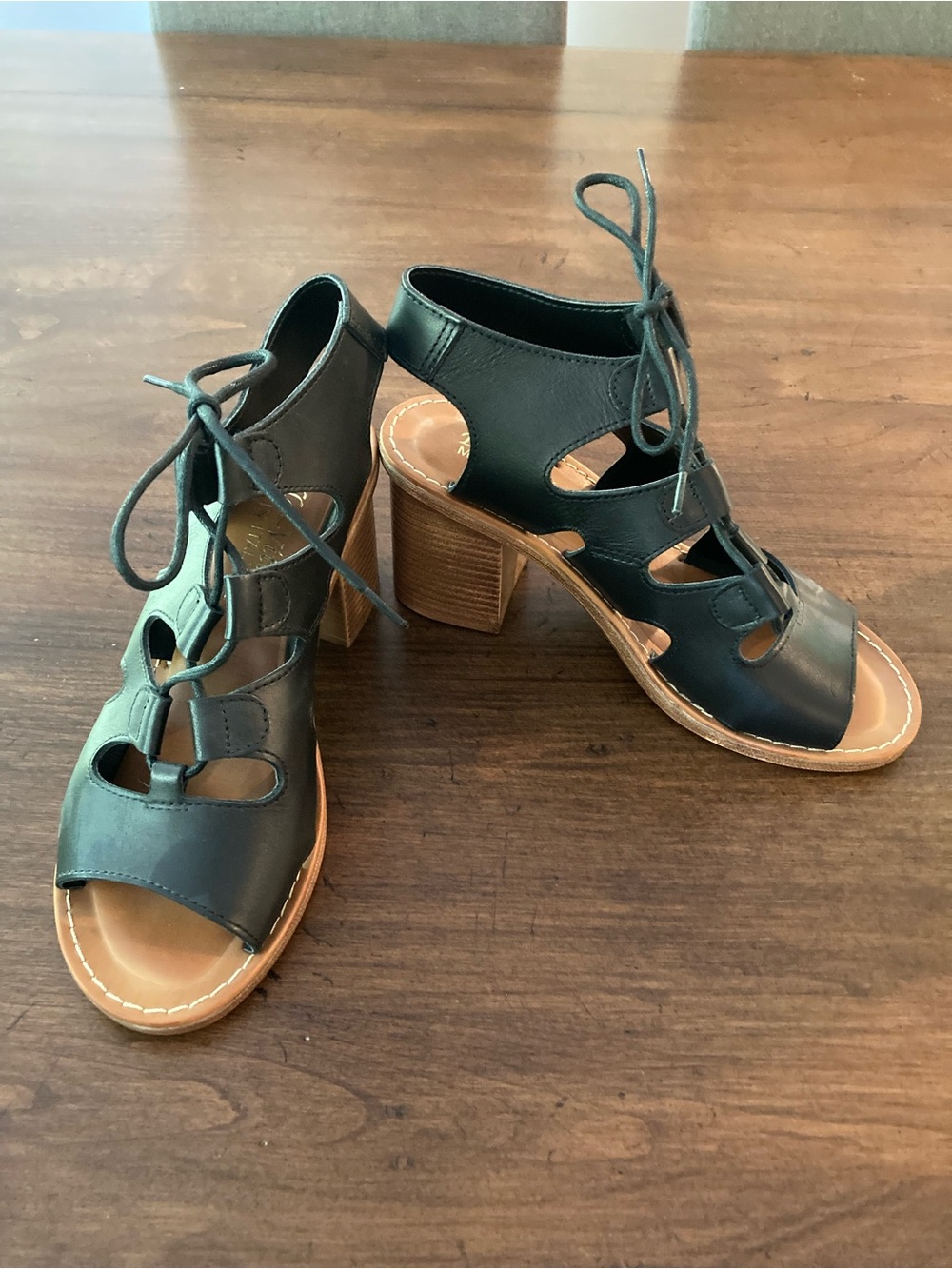 Bella Vita leather Black Lace-Up Cutout Block Heel Sandals.